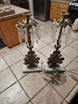 Pair of Brass Candelabras with Crystal Prisms