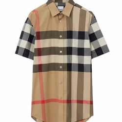 Burberry Short-sleeve Check Stretch Cotton Poplin Shirt Size Medium