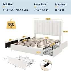 Full Size Storage Bed Frame, Vertical Channel Tufted Adjustable Headboard, Velvet Upholstered Platform Bed with 4 Oversized Underbed Drawers, Wooden S