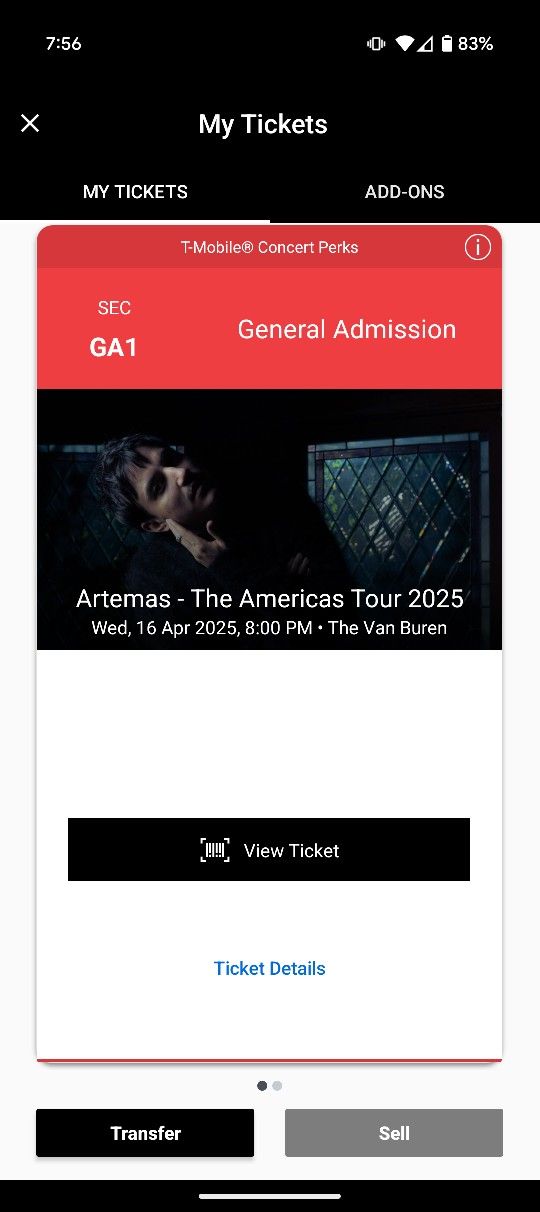 2 GA Artemas Concert Tickets @ The Van Buren