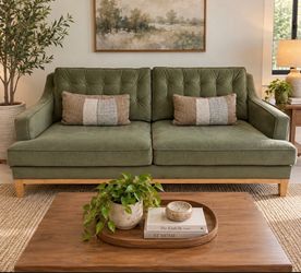 Green Velvet Tufted Sofa with Wood Legs