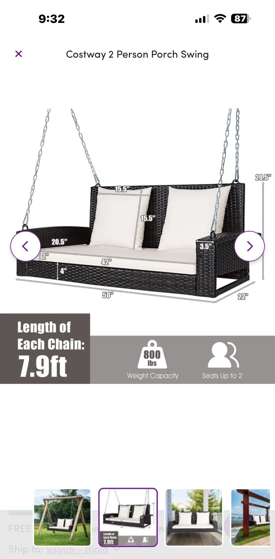 Costway Porch Swing 2 People New Outdoor House Outside