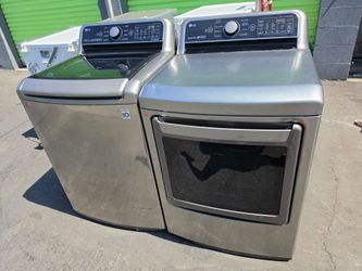 LG GREY SMART TOP LOADING WASHER AND GAS DRYER WITH DUEL DOOR OPENING