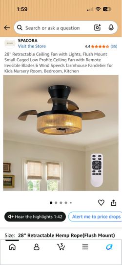 28'' Retractable Ceiling Fan with Lights, Flush Mount Small Caged Low Profile Ceiling Fan with Remot