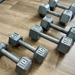3 Pair Of Cast Iron Dumbbells  10s, 15s And 20s  ( Total: 90 lbs; SELL ALL TOGETHER)