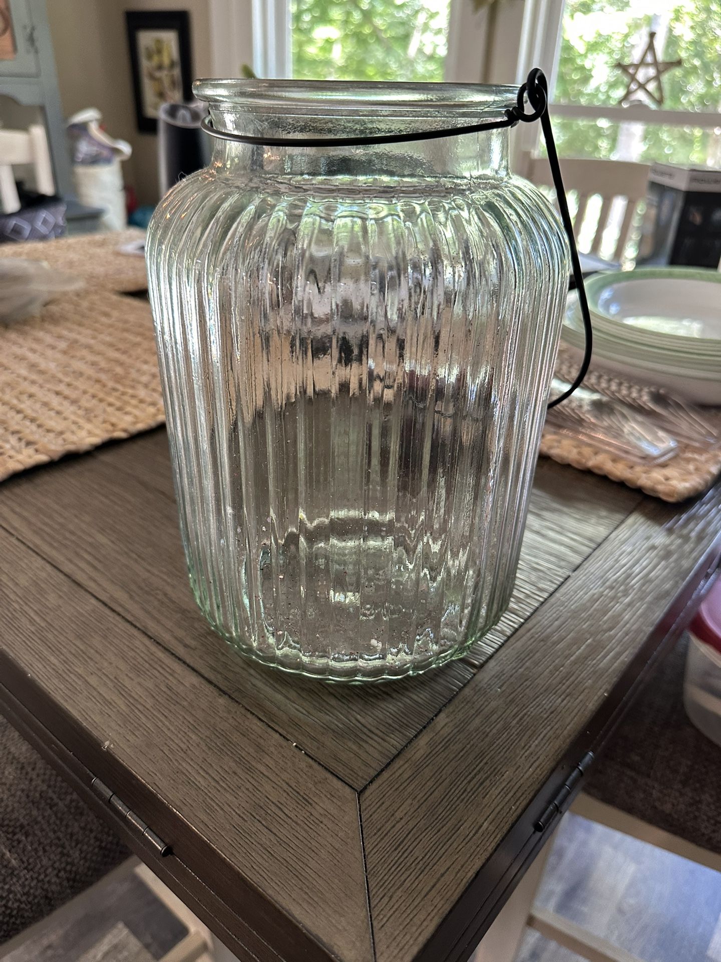 Rustic Ribbed 1 Gallon Glass Vase With Metal Handle