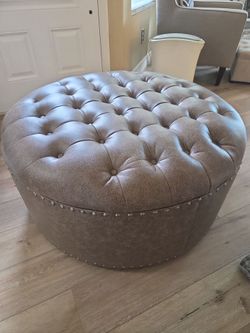 Large Round Tufted Ottoman with Nailhead Trim