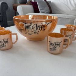 Vintage Fire King Peach Luster Tom and Jerry Punch Bowl Set (Deal! Selling Elsewhere For 89-130 See Last Pic)