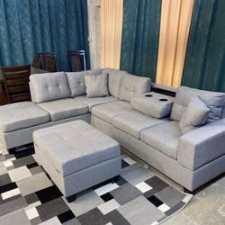 Heights Silver Velvet Reversible Sectional with Storage Ottoman