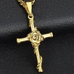 Crucifix Pendant Chain New Gold Flower 