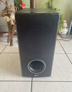 Subwoofer, Cambridge speakers, end table, mirror