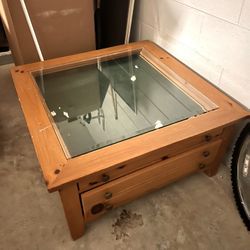 Wood Coffee Table with Glass Top and Pull Drawer Display