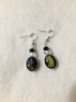 Black glass beads with unique coloring drop earrings