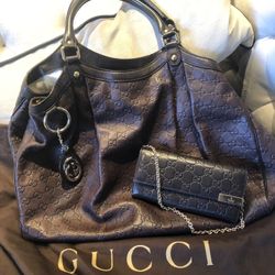 Gucci Sukey Guccisima Large Tote Chocolate Brown Hobo Bag with Gucci Sukey wallet on Chain