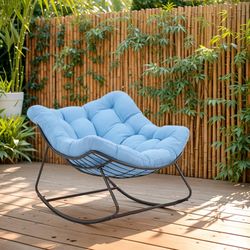 Outdoor Oversize Papasan Rocking Chair with Thick Cushion, Comfy Accent Chair