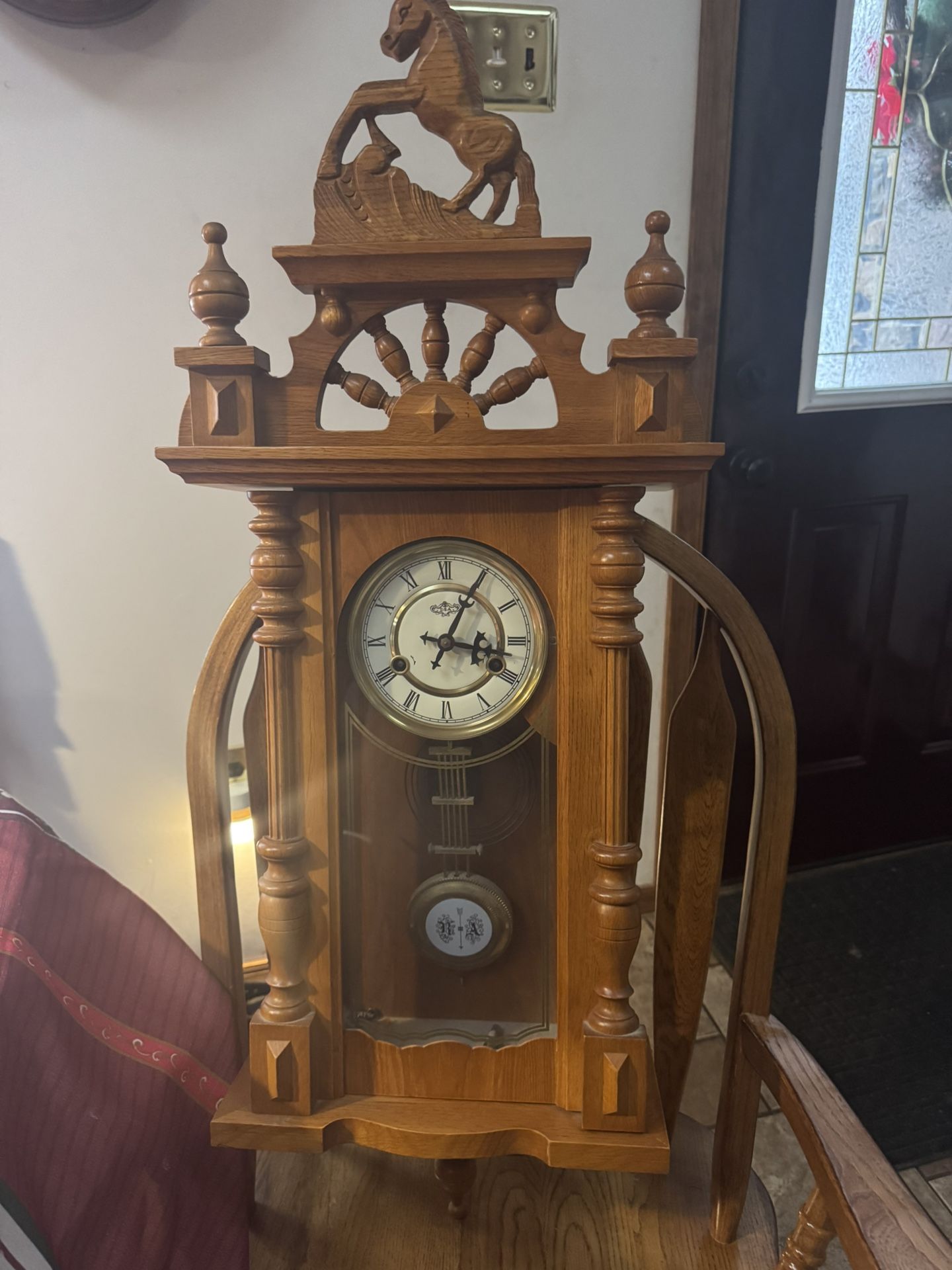 Vintage Regulator Wall Clock Horse Theme With Key Works And Chimes. Missing Side Glass. Must Pickup