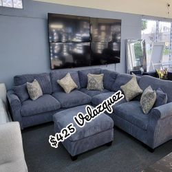 ✅️✅️ 4pc dark Grey corduroy fabric sectional sofa with rounded arms and ottoman ✅️✅️