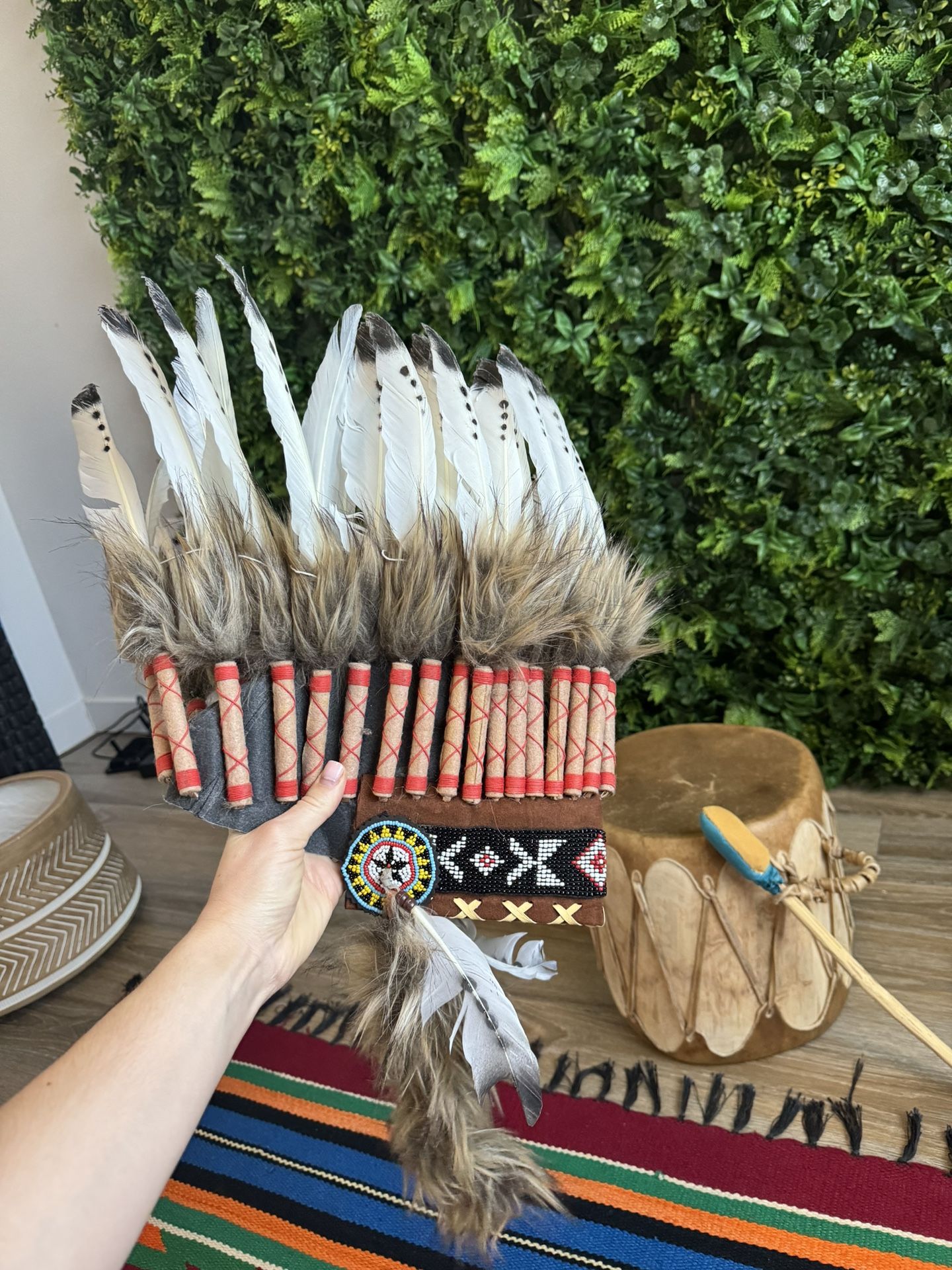 Set Of Taos Pueblo Drum Drums and Native American Headdress, Spotted Feathers