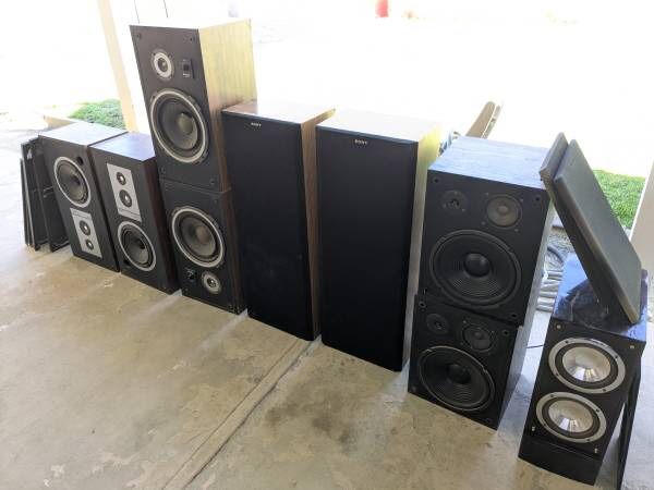 Lot of vintage stereo equipment and speakers - Sony, Mitsubishi, Denon