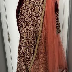 Maroon and Gold Embroidered Anarkali Dress with Dupatta