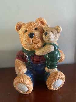 Vintage GKRS Ceramic Papa & Baby Teddy Bear Cookie Jar - 90s Cottagecore