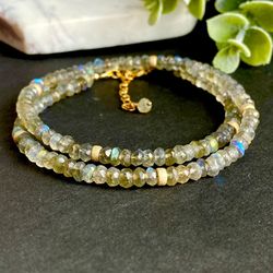 Labradorite Necklace Beaded Choker 14k Gold 