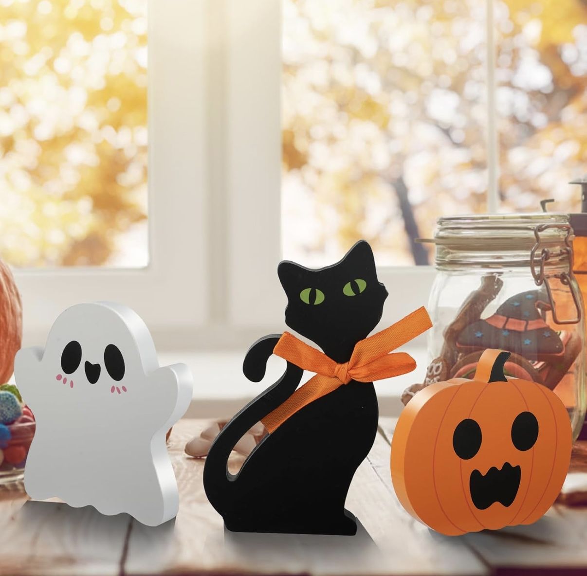 3 Pcs Halloween Decorations Indoor, Cute Ghost Halloween Decor Table Signs, Black Cat, Pumpkin Sign, Wooden Tiered Tray Decor for Party Home Office De