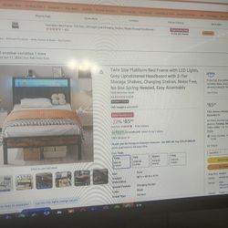 Twin Size Platform Bed Frame, Grey Upholstered Headboard with LED Lights, with 2-Tier Storage Shelve