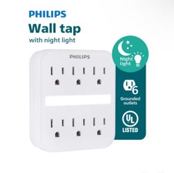 Philips 6-Outlet Grounded Wall Tap with Light Sensor Night Light Protection