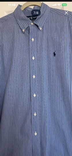 It’s very good Men’s shirt made by Ralph Lauren. The size is L The Color is blue and white stripe