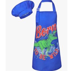 Kids Dinosaur Chef Apron Hat Set T-Rex Cooking Baking Costume Ages 6-12 boy/girl