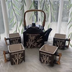 Global Home Zazen Zen Tea Pot and 4 tea cups stoneware Bamboo pattern, handles