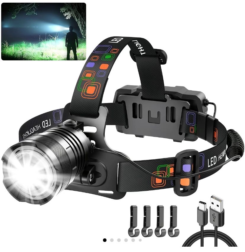 Rechargeable Headlamp, Super Bright Light, Adjustable Focus LED headlamp, 4 Modes ,Essential Equipment for Adult Helmet Camping, Fishing, Handheld Wor