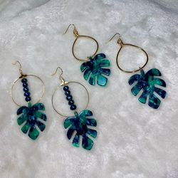 Green Monstera Leaf Earring & Freshwater Pearls ! !