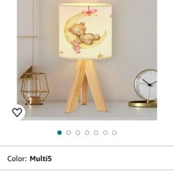 Tripod Table Lamp Watercolor Draw Brown Bear Girl Sleeping Moon Pink Doll Toy Modern Bedside Dimmable Desk lamp Wooden Base Fabric Lampshade for Kids 