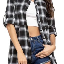 Brand New With Tag HOTOUCH Black Plaid Flannel Boyfriend Shirt At A Tunic Length - XL - Perfect For Layering With Roll Up Sleeves