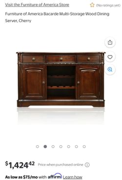 Traditional • Finish: Cherry • Material: Solid Wood, Wood Veneer • Three storage drawers, two rows for wine bottle storage and two storage cabinets •