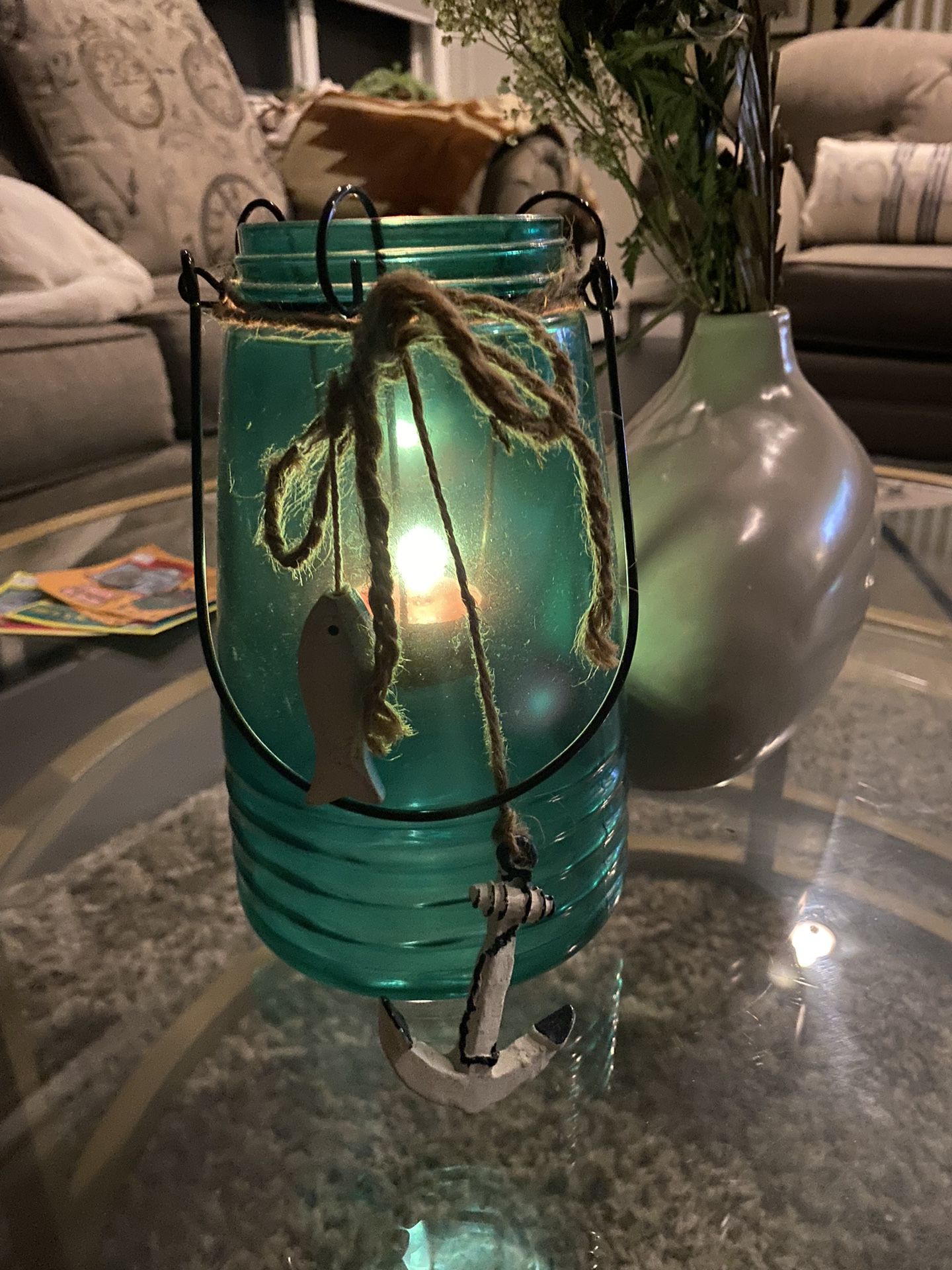 Large 8.0" Green Glass Monarch Jar candle holder Hanging/Sea Theme