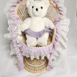 Vintage Collectible Handmade Jointed Teddy Bear. Victorian Lace. Wicker Chair