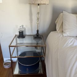 Matching Pair Gold And Glass Display Nightstands / End Tables 