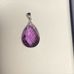 Purple Lab Sapphire #46 Pear Checkerboard Silver Pendant Necklace 