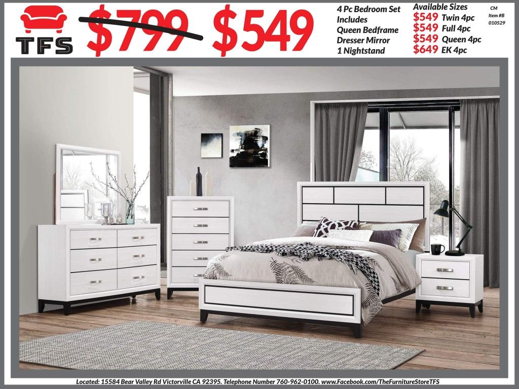 4pc Bedroom Set $549 Queen $649 Eastern King Includes bedframe Dresser mirror nightstand White Bedroom Set