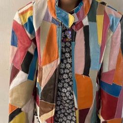 Girls Vtg Medium Leather Jacket. Lined, Patchwork Design. Rare Find