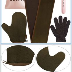 4 Pack Self Tanning Mitt Applicator Kit, with Self Tanner Mitt, Self Tan Back Applicator, Exfoliating Glove, Flat Top Face Tanner Brush, Tan mit for S