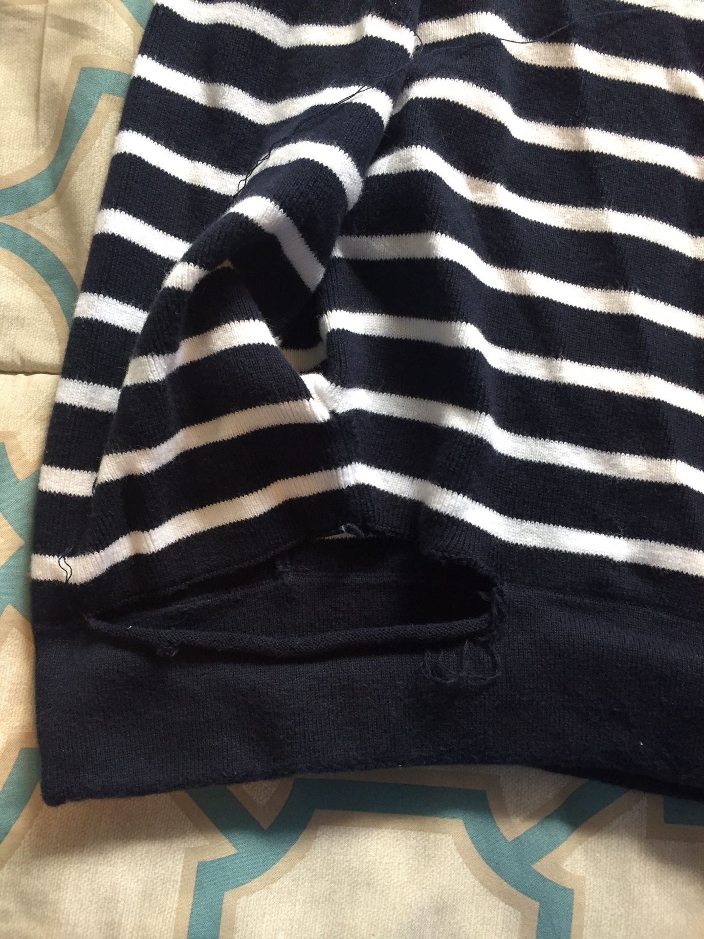 Navy blue striped off-the-shoulder sweater