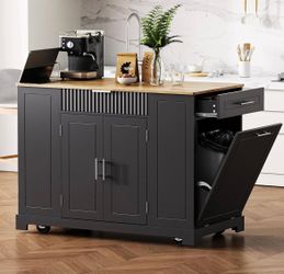 Assembled New Fluted Kitchen Island with Trash Can Storage Cabinet,Power Outlet,Internal Storage Rack Rolling Kitchen Islands