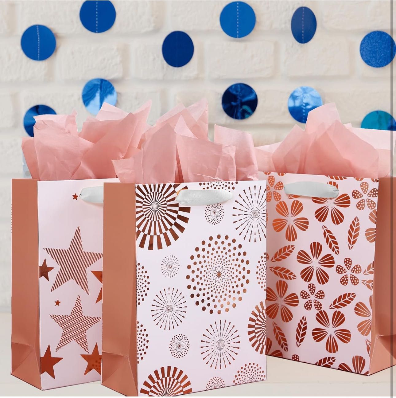 12Pcs Christmas Metallic Rose Gold Gift Bags Bulk, Medium 9x7 Inch, Modern Pink Foil Paper Wrap Bags, for Wedding, Birthday, Valentine's Day, Mother's