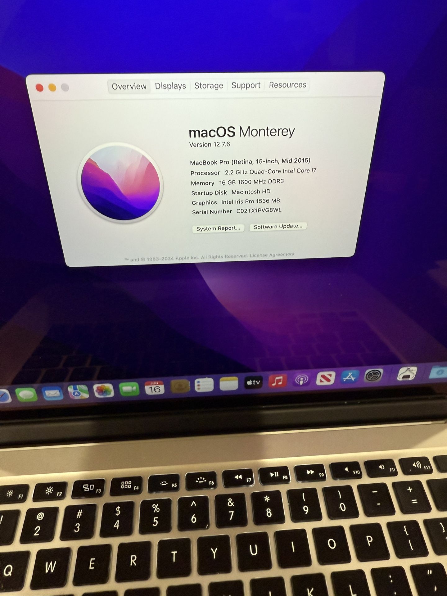 Macbook Pro Retina 2015 2.2 Quad-Core Intel-core I7 16gb Of Memory Ram 500gb Flash drive running macOS Monterrey