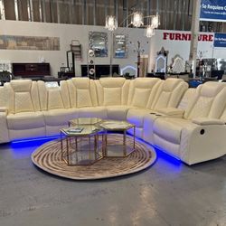 White Sectional Recliner Sofa With LED