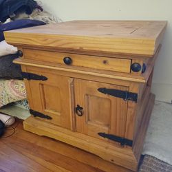 Heavy Wooden End Table/Cabinet with Metal Hinges and Drawer